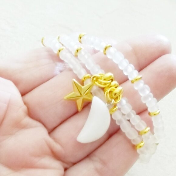 White + Gold Triple Wrap Bracelet! Moons & Stars! Girly Flirty Romantic Feminine - Picture 2 of 6